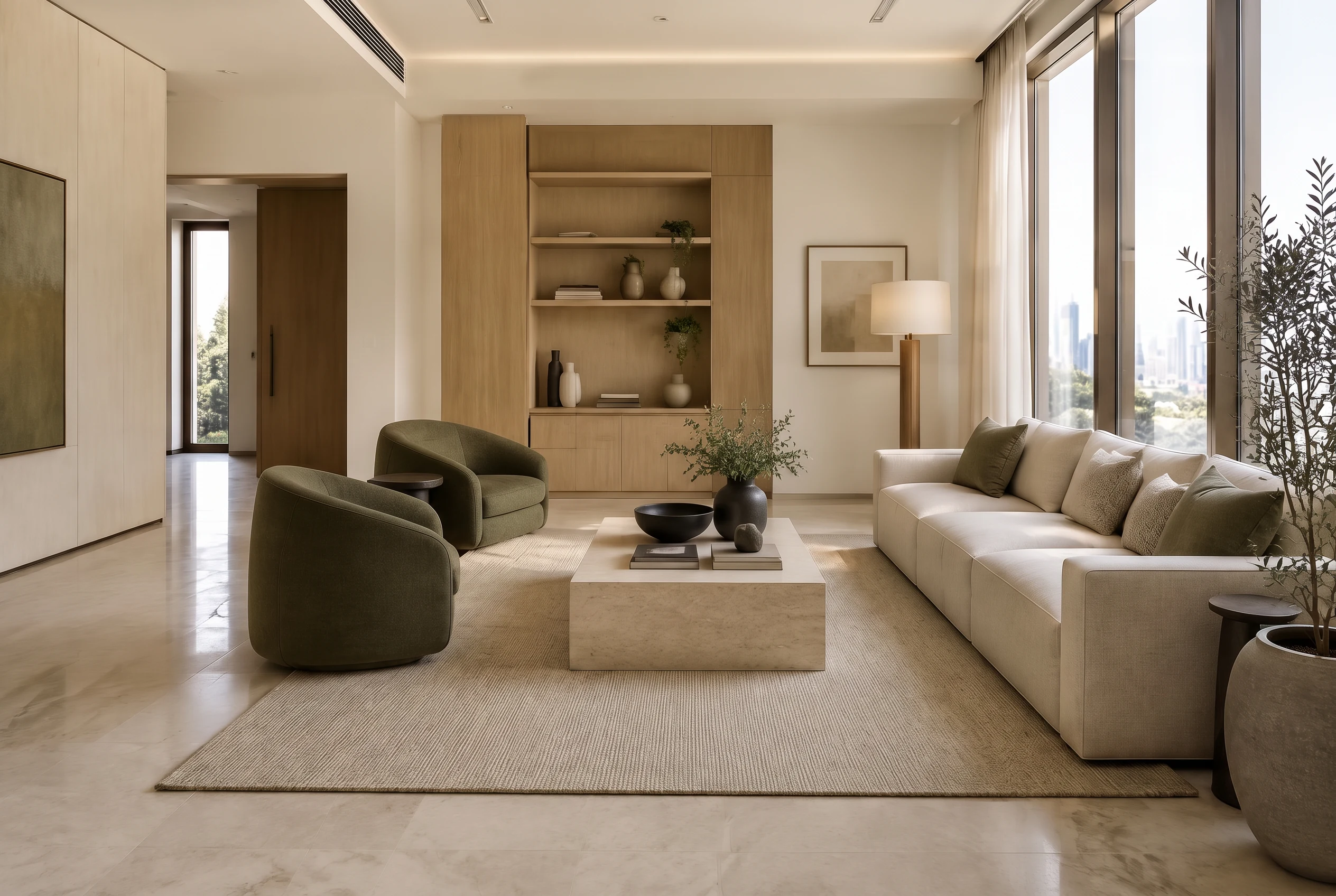 Apartment living room with linen seating and oak finishes